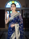 Banarasee Chiffon Hand Embroidered Saree With Mirror & Ghungroo Work-Blue