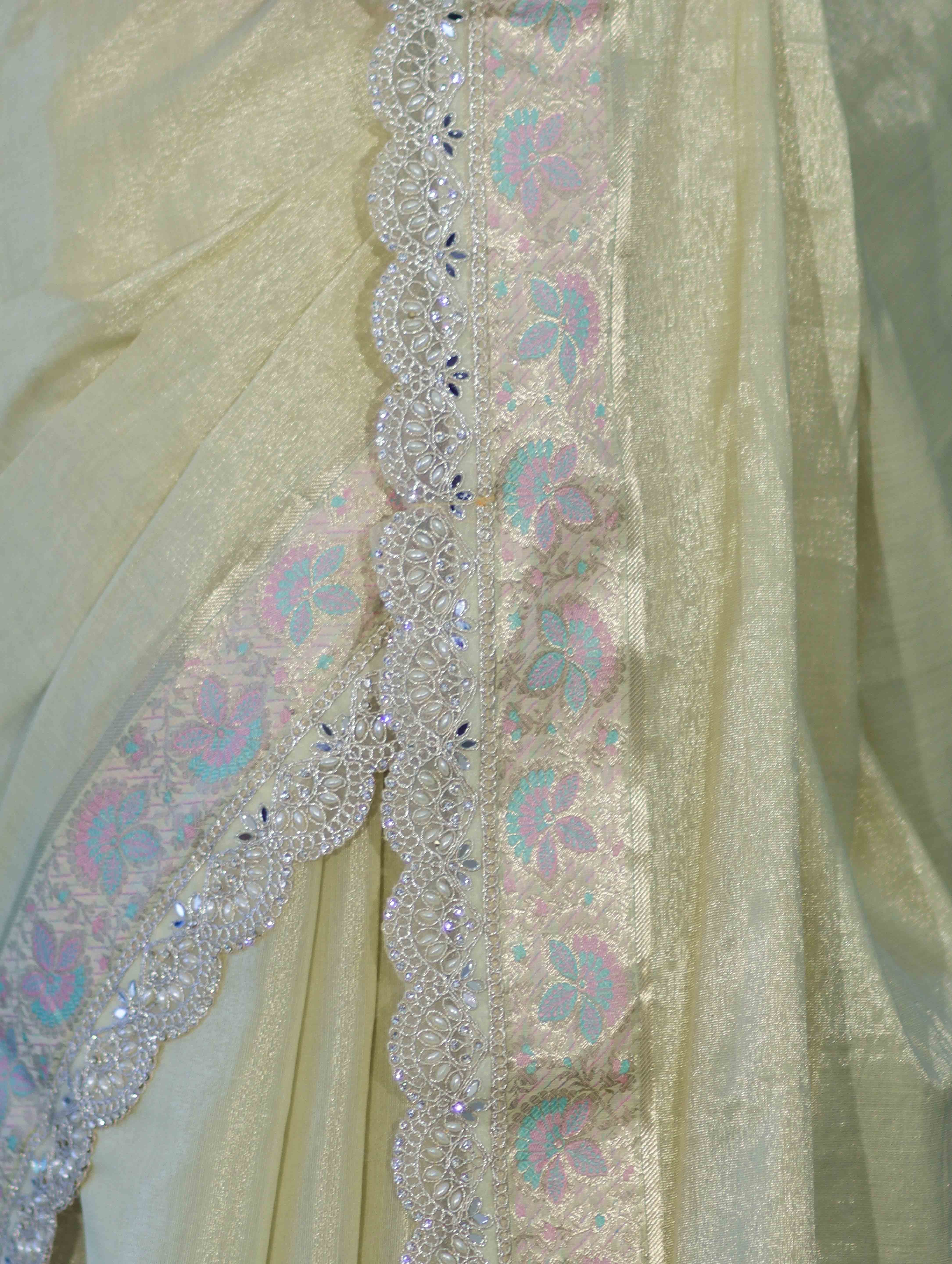 Banarasee Handloom Plain Soft Tissue Shine Saree With Resham Zari Border & Lace-Light Yellow