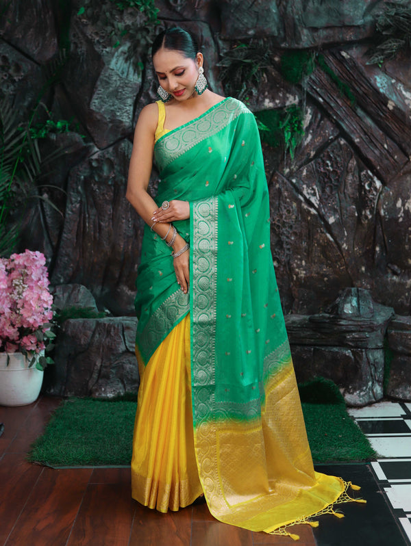 Banarasee Dual Color Organza Mix Saree With Zari Buti Work & Floral Border-Yellow & Green