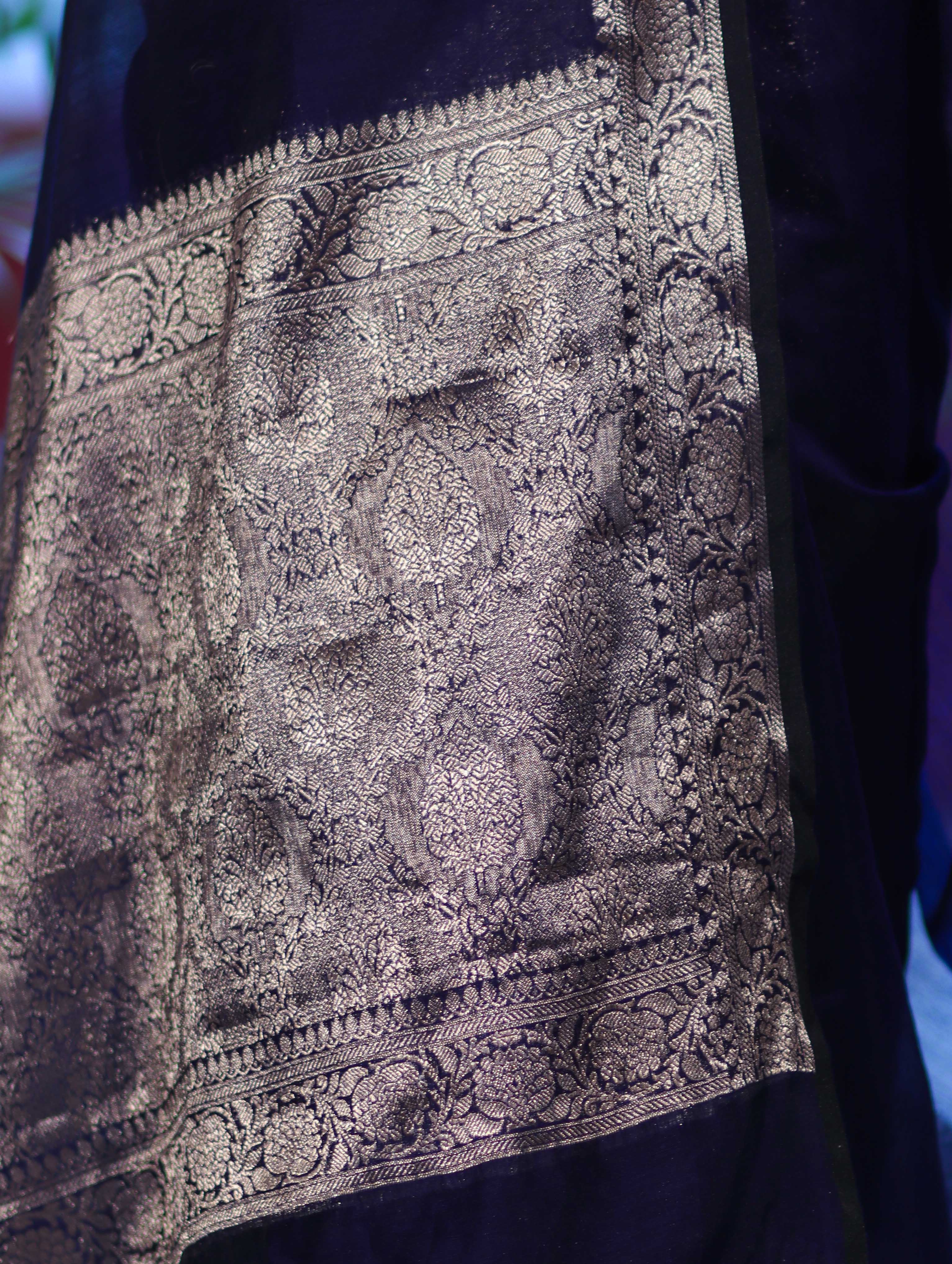 Banarasee Cotton Silk Plain Saree With Floral Zari Border-Navy Blue