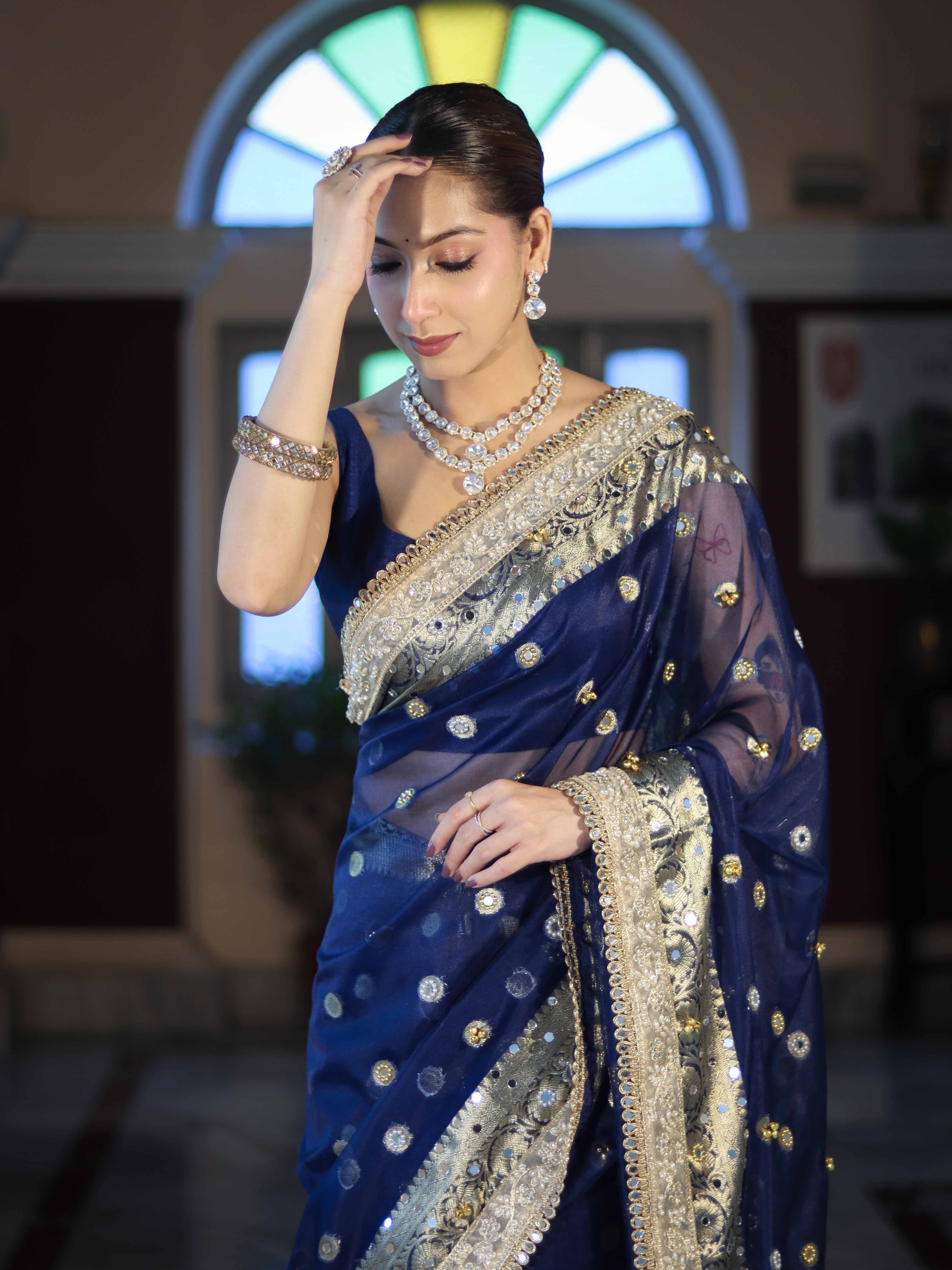 Banarasee Chiffon Hand Embroidered Saree With Mirror & Ghungroo Work-Blue