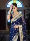 Banarasee Chiffon Hand Embroidered Saree With Mirror & Ghungroo Work-Blue