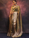 Banarasee Handwoven Shibori Tissue Zari Border Saree-Olive Green