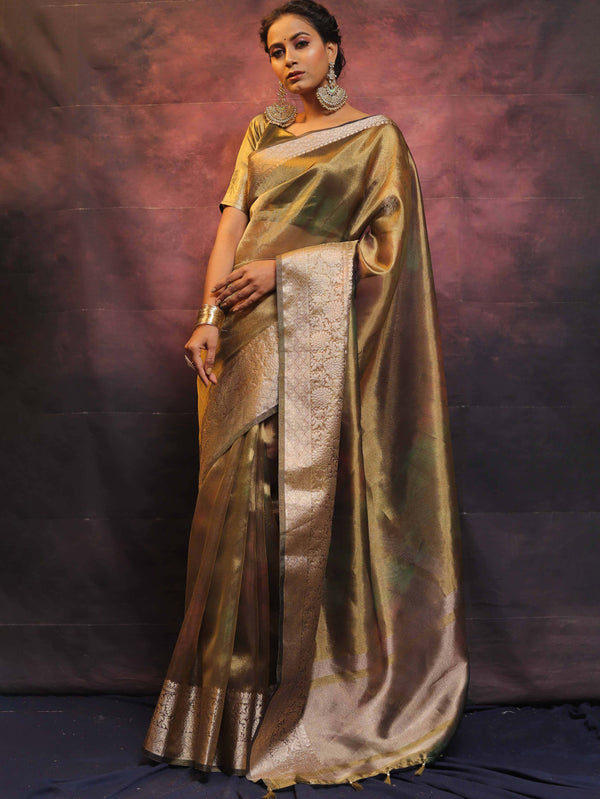 Banarasee Handwoven Shibori Tissue Zari Border Saree-Olive Green