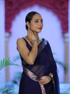 Banarasee Cotton Silk Plain Saree With Floral Zari Border-Navy Blue