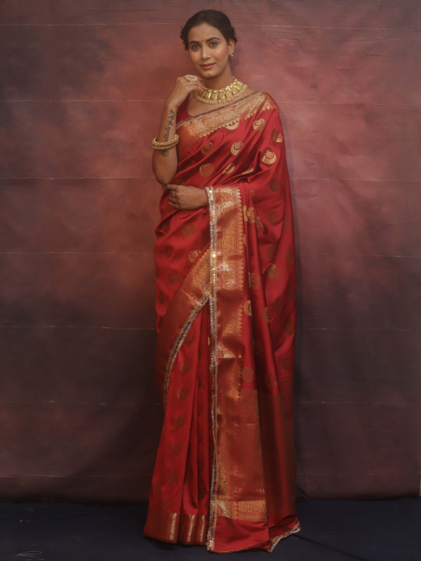Banarasee Handwoven Semi Silk Saree With Zari Buta & Border-Maroon