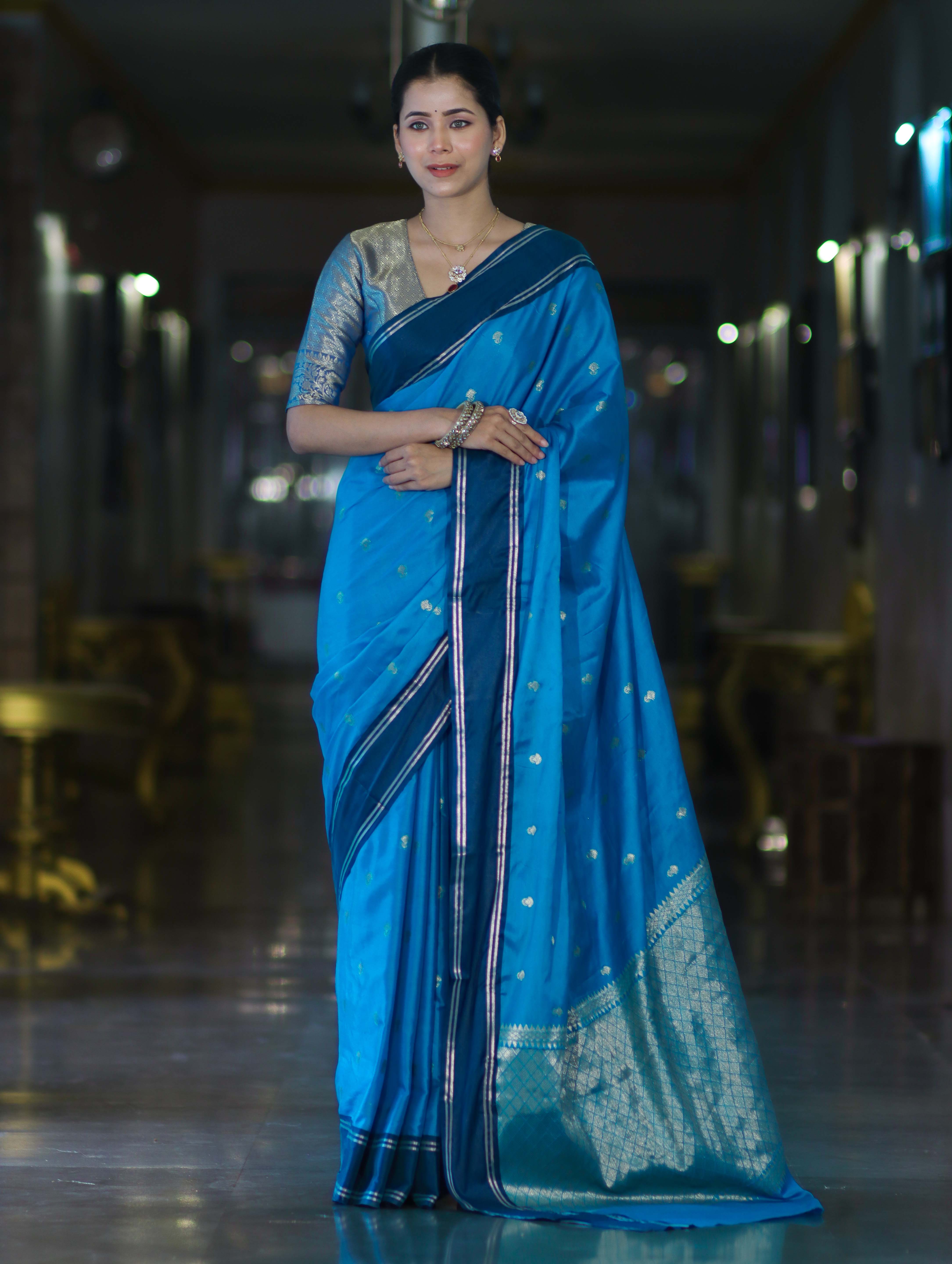 Banarasee Handloom Semi Silk Saree With Zari Design & Contrast Border-Blue
