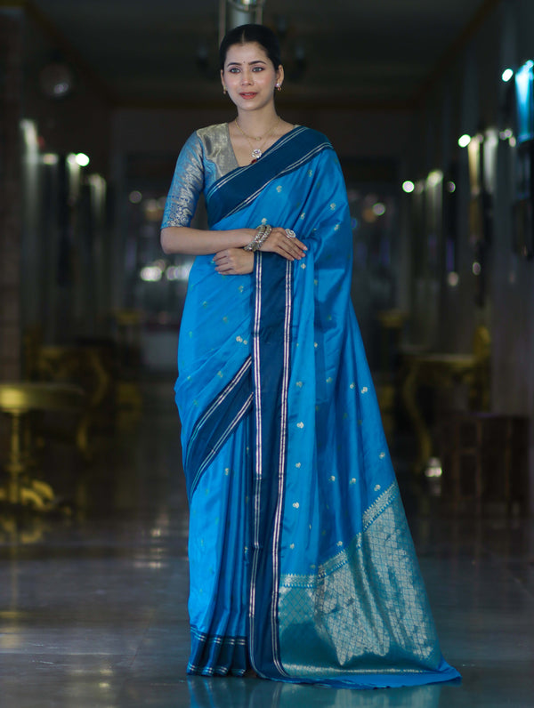 Banarasee Handloom Semi Silk Saree With Zari Design & Contrast Border-Blue