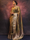 Banarasee Handwoven Shibori Tissue Zari Border Saree-Olive Green