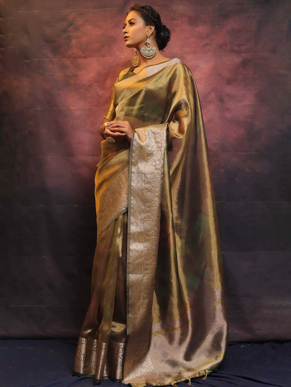Banarasee Handwoven Shibori Tissue Zari Border Saree-Olive Green