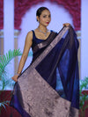 Banarasee Cotton Silk Plain Saree With Floral Zari Border-Navy Blue