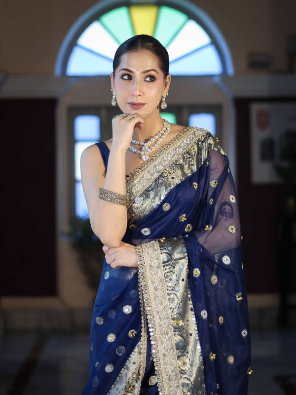 Banarasee Chiffon Hand Embroidered Saree With Mirror & Ghungroo Work-Blue