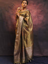 Banarasee Handwoven Shibori Tissue Zari Border Saree-Olive Green