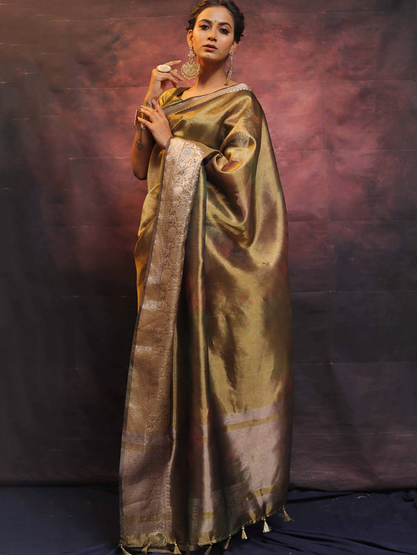 Banarasee Handwoven Shibori Tissue Zari Border Saree-Olive Green