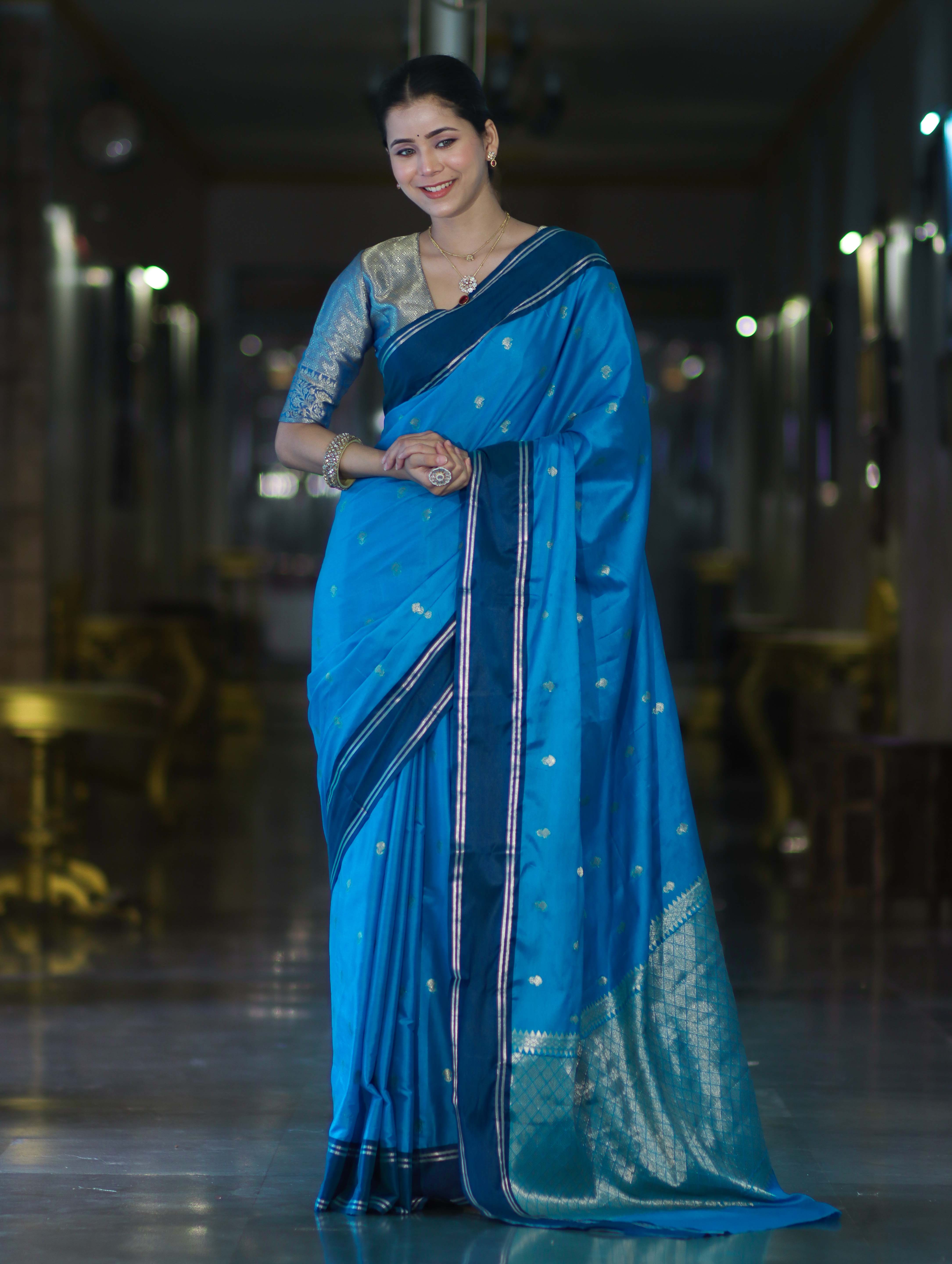 Banarasee Handloom Semi Silk Saree With Zari Design & Contrast Border-Blue