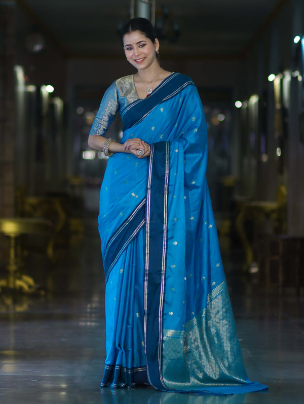 Banarasee Handloom Semi Silk Saree With Zari Design & Contrast Border-Blue