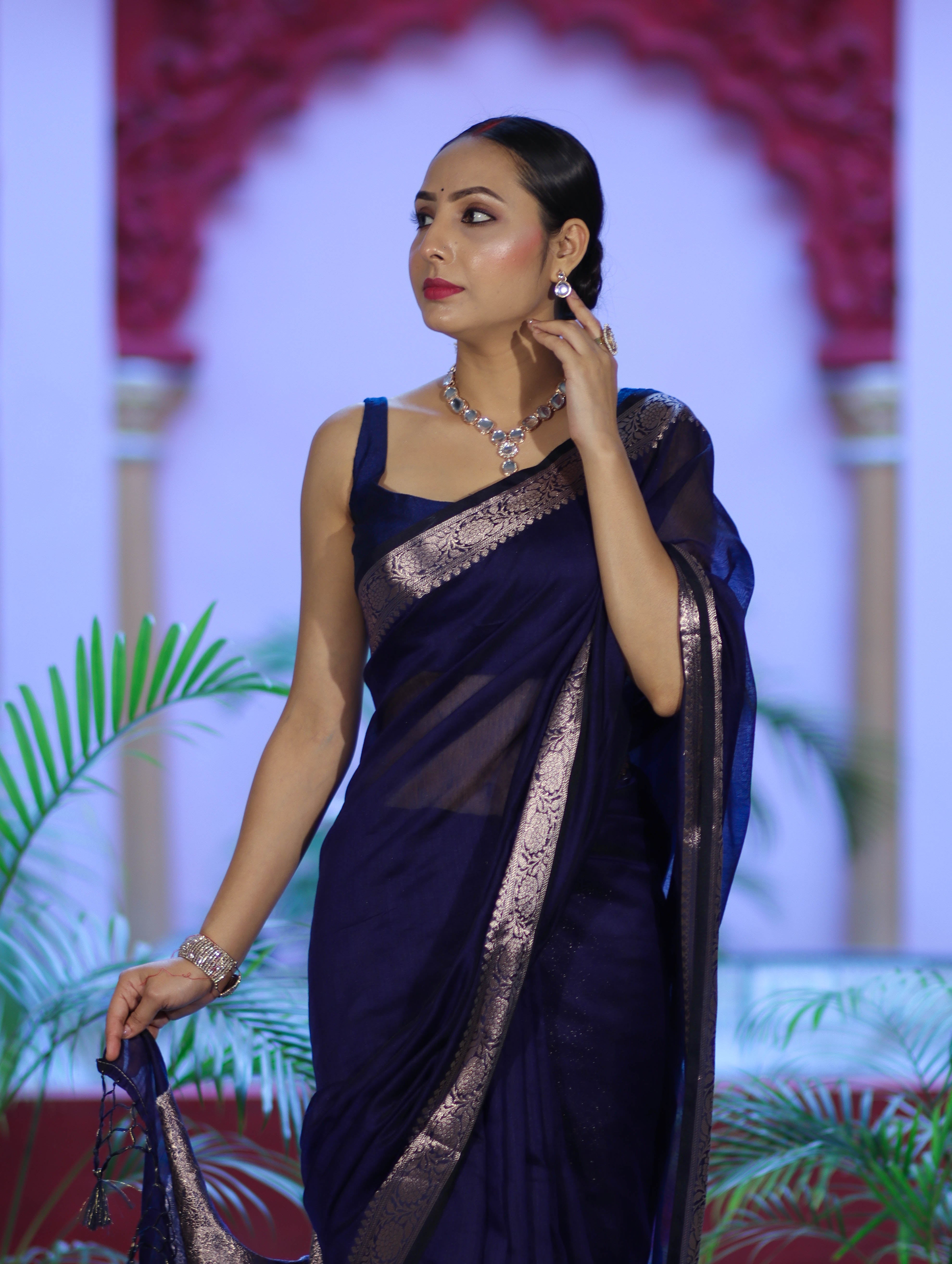 Banarasee Cotton Silk Plain Saree With Floral Zari Border-Navy Blue