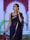 Banarasee Cotton Silk Plain Saree With Floral Zari Border-Navy Blue
