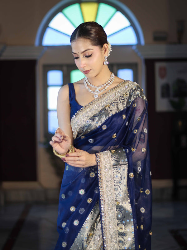 Banarasee Chiffon Hand Embroidered Saree With Mirror & Ghungroo Work-Blue
