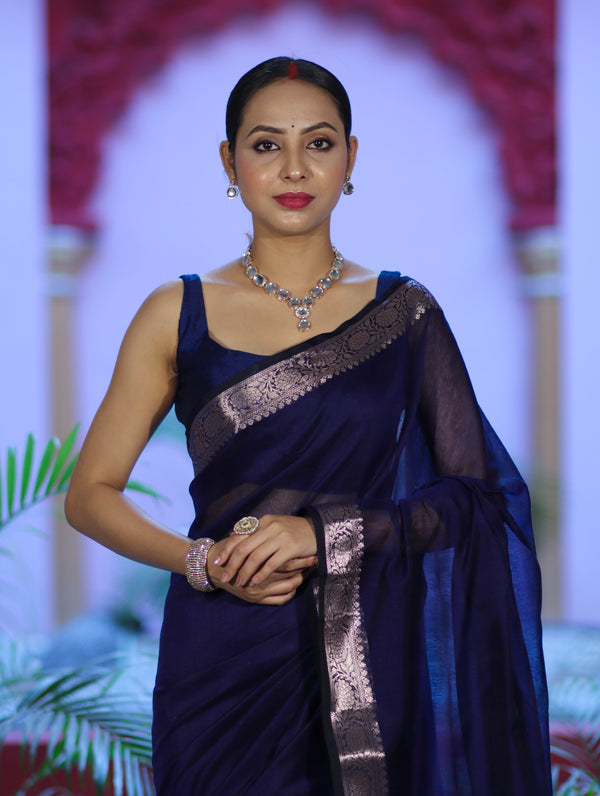 Banarasee Cotton Silk Plain Saree With Floral Zari Border-Navy Blue