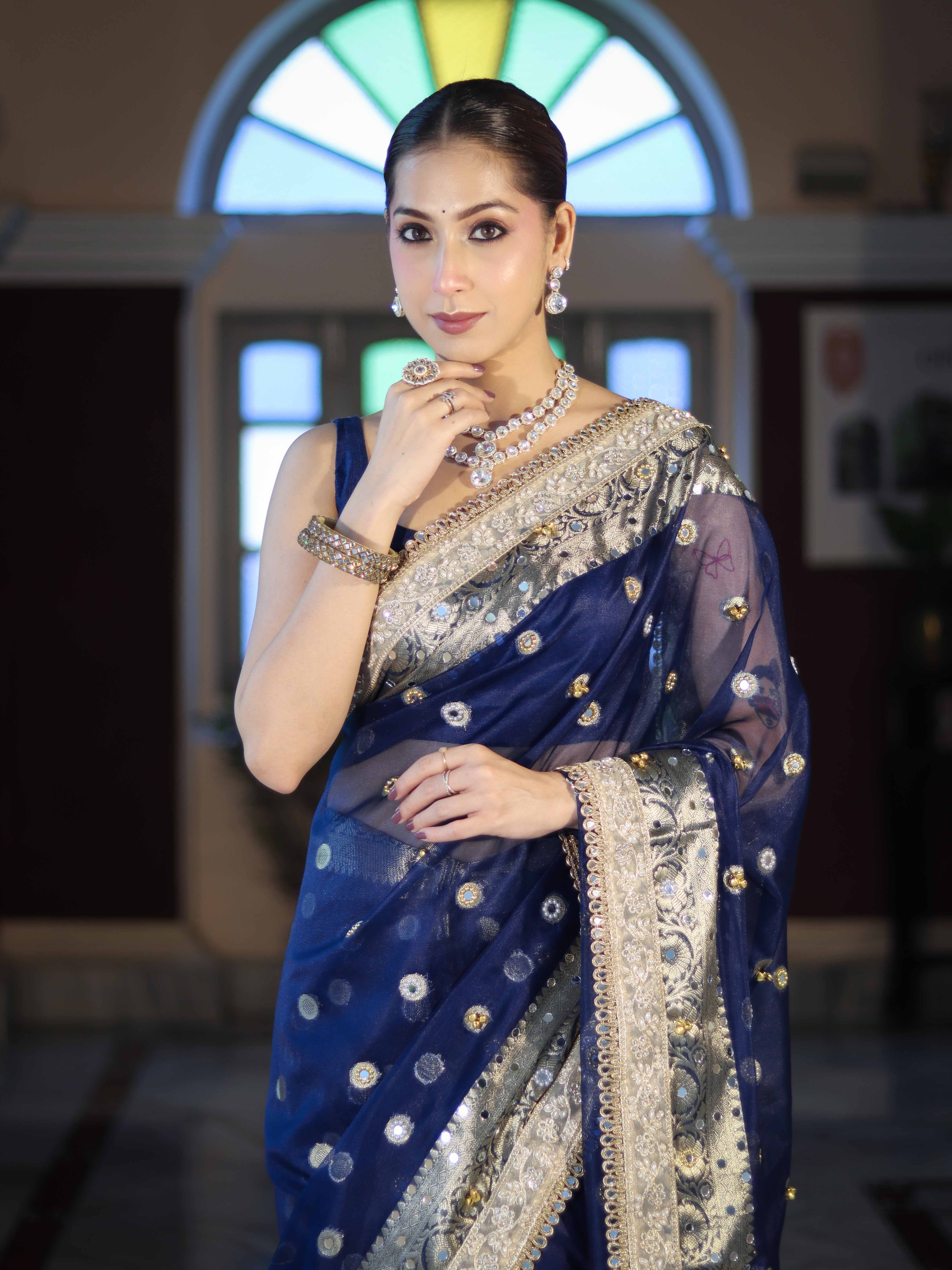Banarasee Chiffon Hand Embroidered Saree With Mirror & Ghungroo Work-Blue