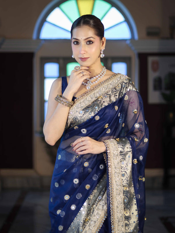 Banarasee Chiffon Hand Embroidered Saree With Mirror & Ghungroo Work-Blue