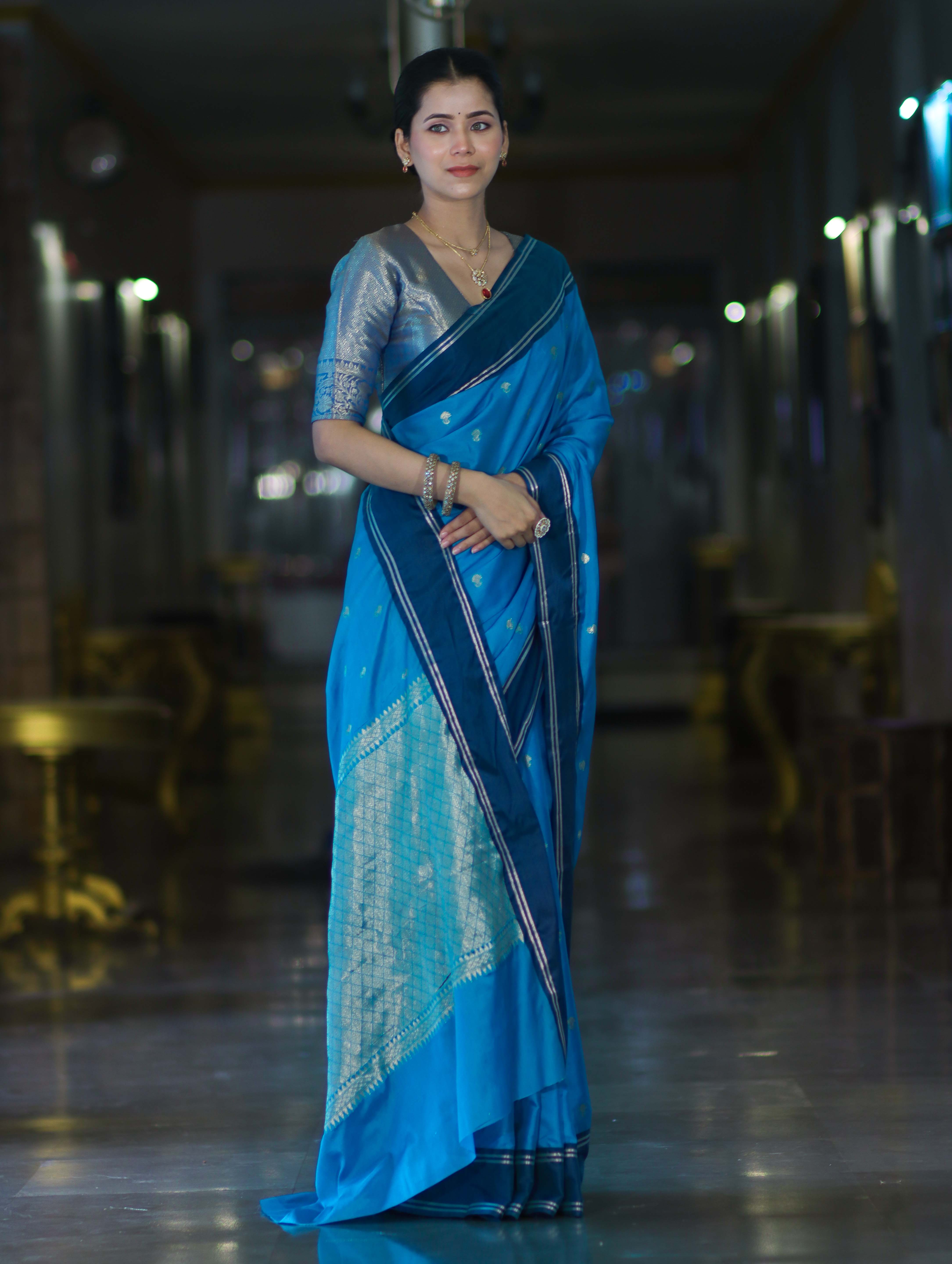 Banarasee Handloom Semi Silk Saree With Zari Design & Contrast Border-Blue