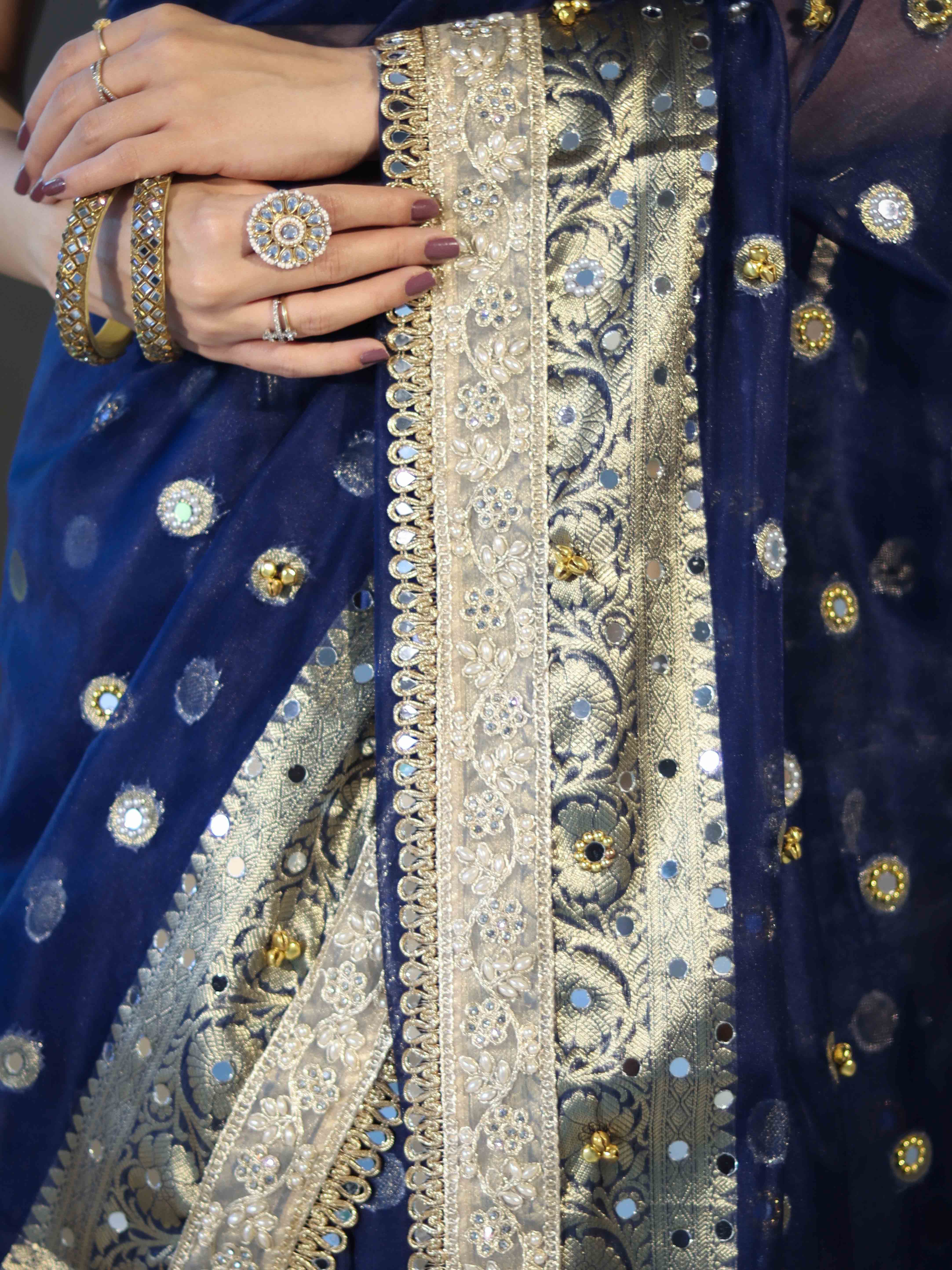 Banarasee Chiffon Hand Embroidered Saree With Mirror & Ghungroo Work-Blue