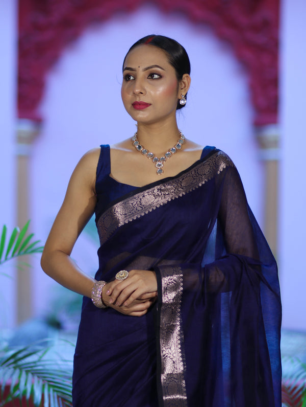 Banarasee Cotton Silk Plain Saree With Floral Zari Border-Navy Blue