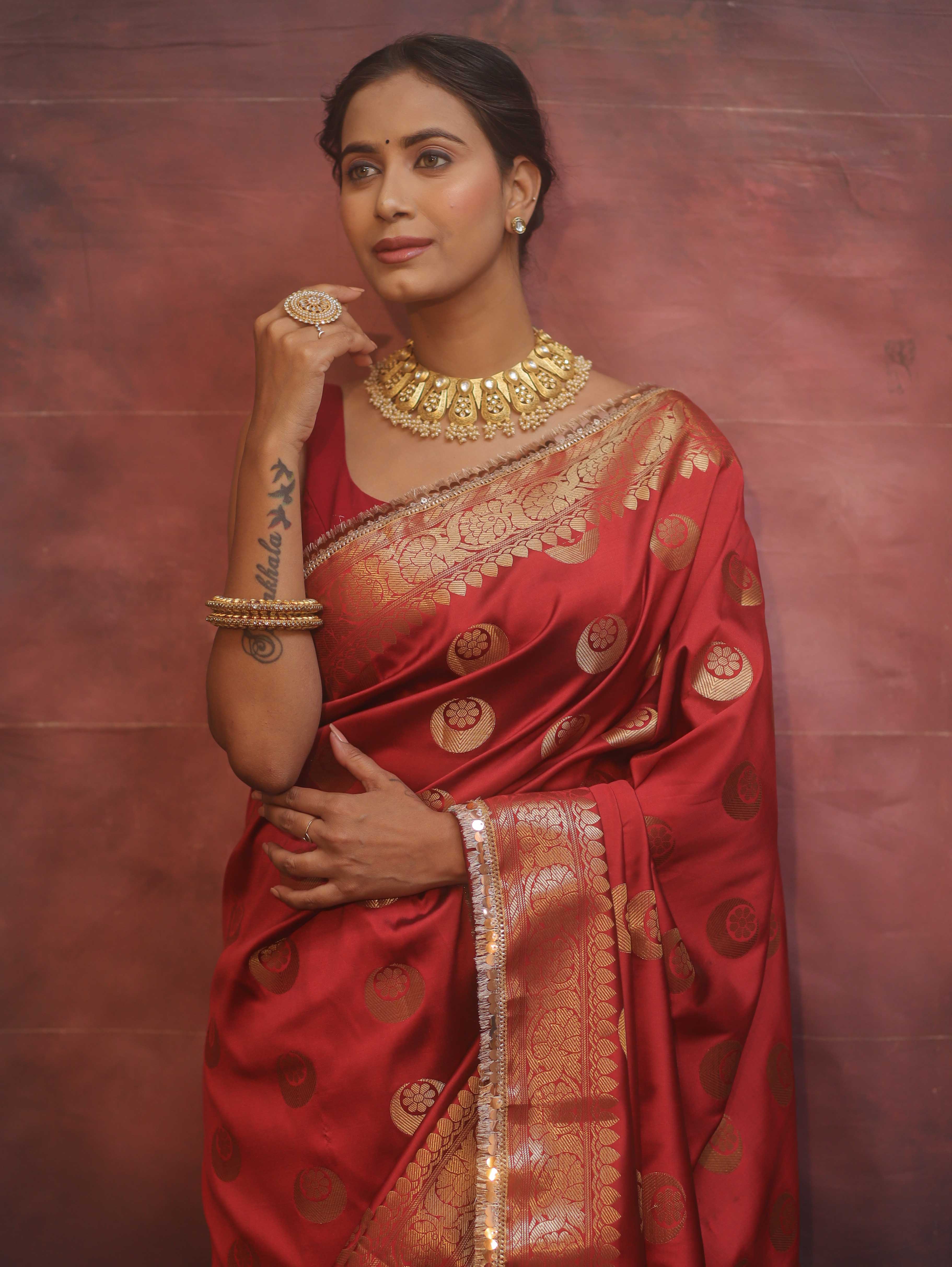Banarasee Handwoven Semi Silk Saree With Zari Buta & Border-Maroon