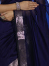 Banarasee Cotton Silk Plain Saree With Floral Zari Border-Navy Blue