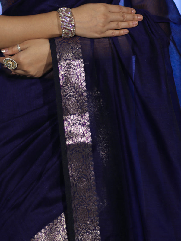 Banarasee Cotton Silk Plain Saree With Floral Zari Border-Navy Blue