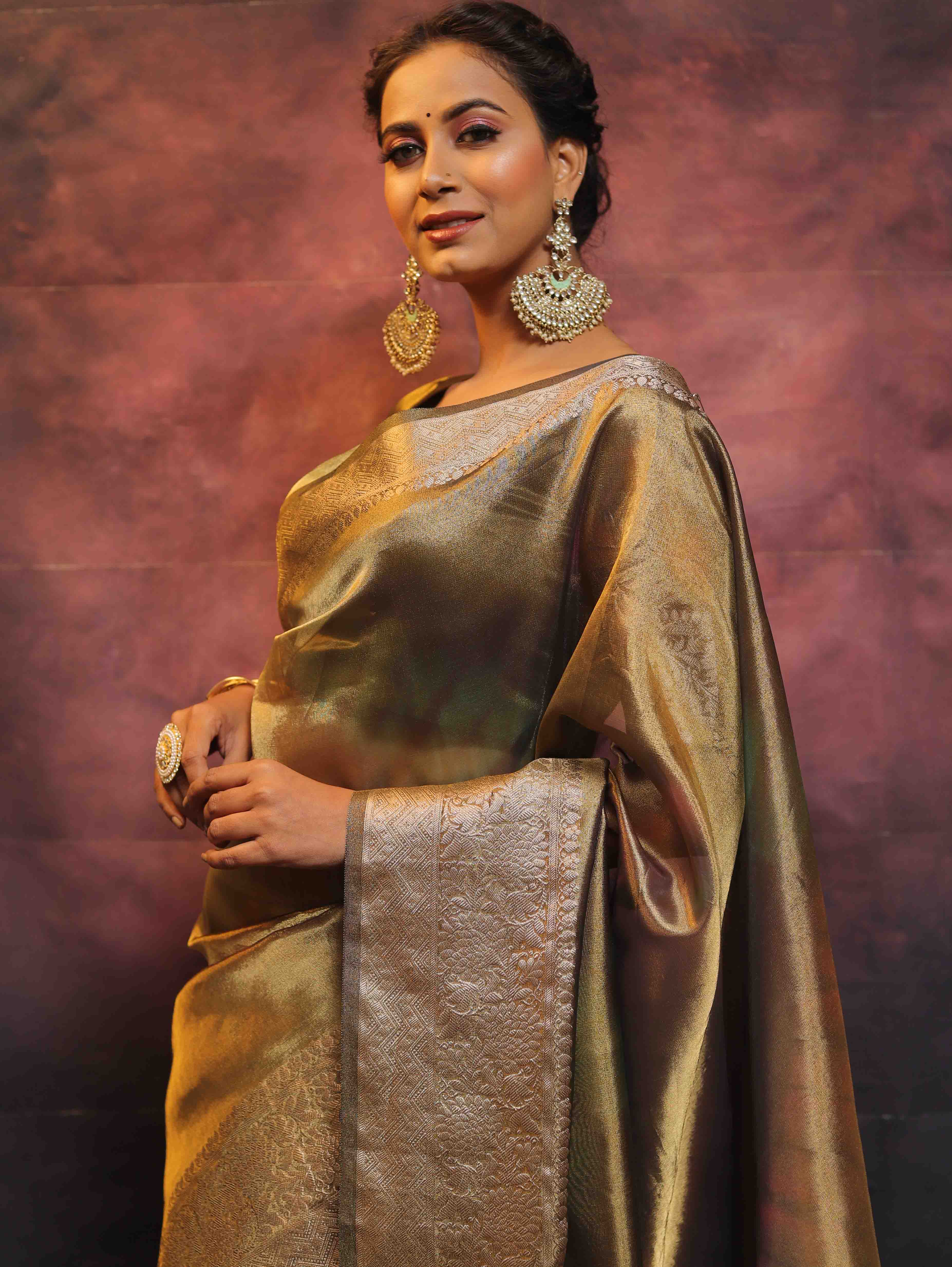 Banarasee Handwoven Shibori Tissue Zari Border Saree-Olive Green