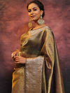 Banarasee Handwoven Shibori Tissue Zari Border Saree-Olive Green