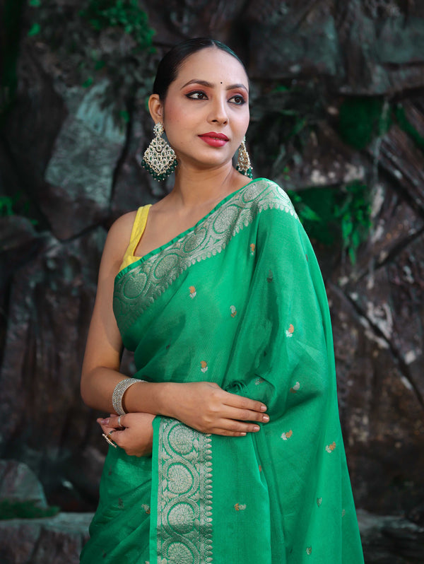 Banarasee Dual Color Organza Mix Saree With Zari Buti Work & Floral Border-Yellow & Green