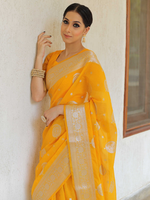 Banarasee Faux Georgette Saree With Silver Zari Buta & Border-Yellow