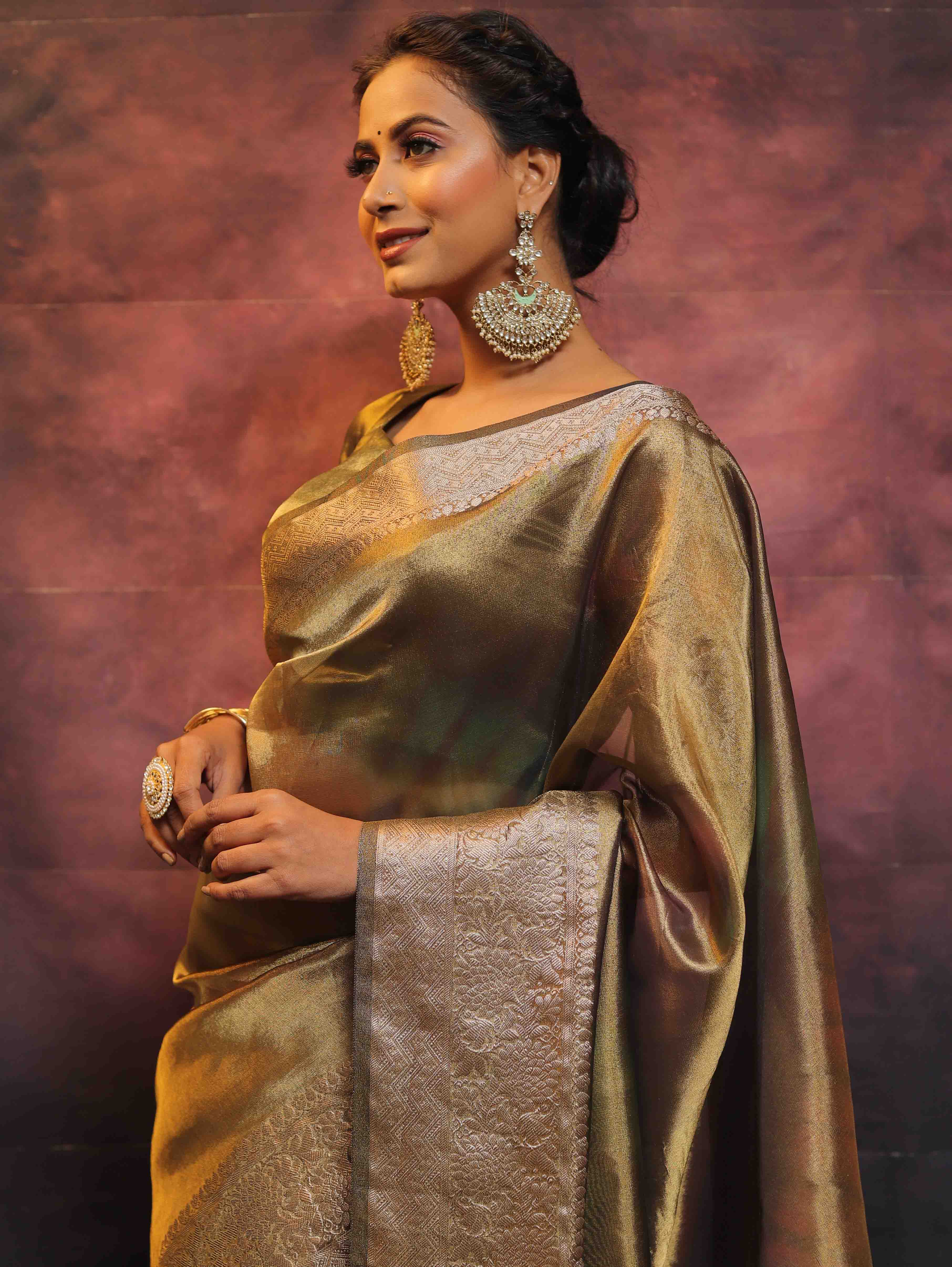 Banarasee Handwoven Shibori Tissue Zari Border Saree-Olive Green