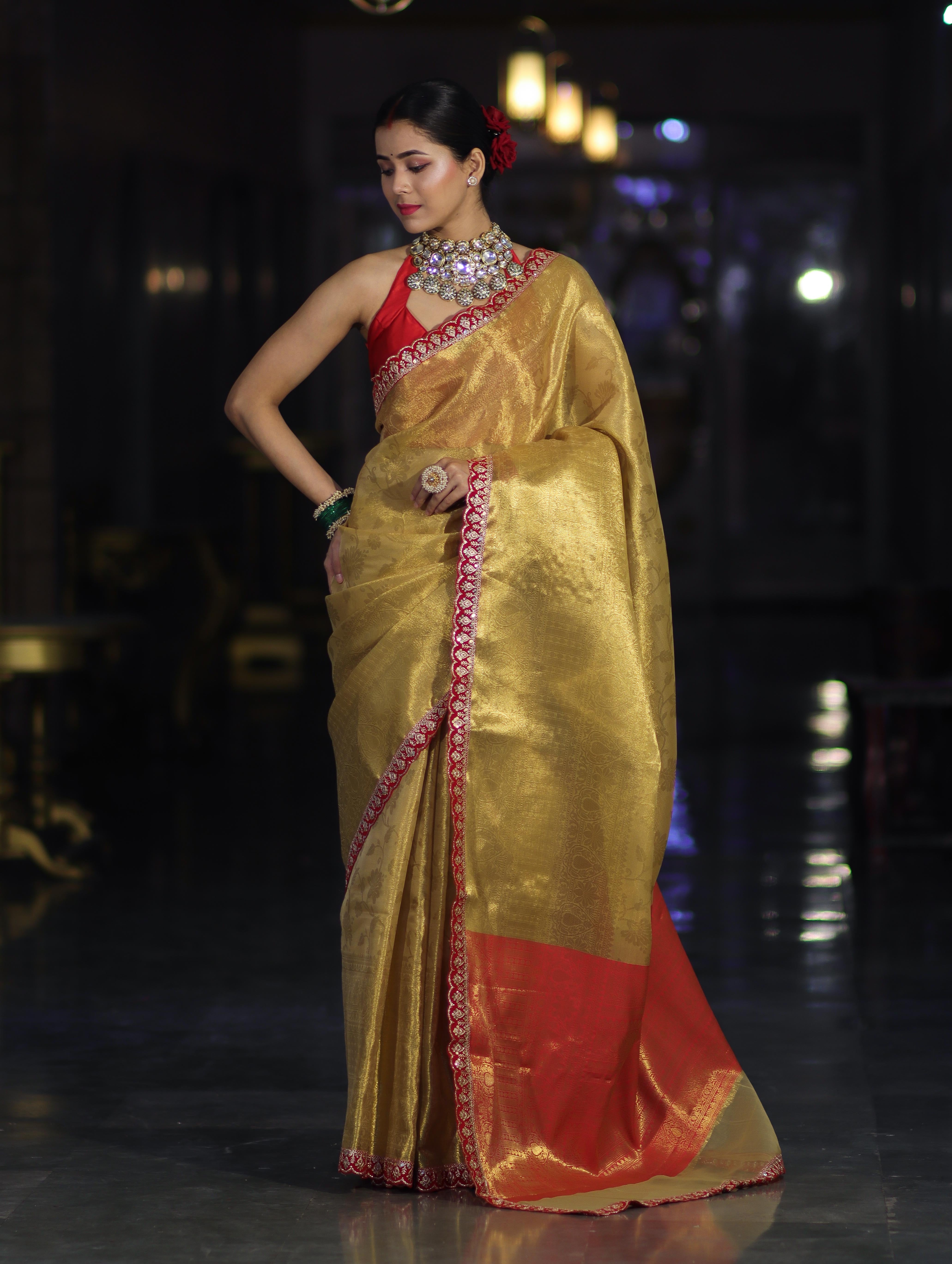 Banarasee Handwoven Tissue Saree With Zari Weaving Design & Lace-Golden Yellow