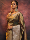 Banarasee Handwoven Shibori Tissue Zari Border Saree-Olive Green
