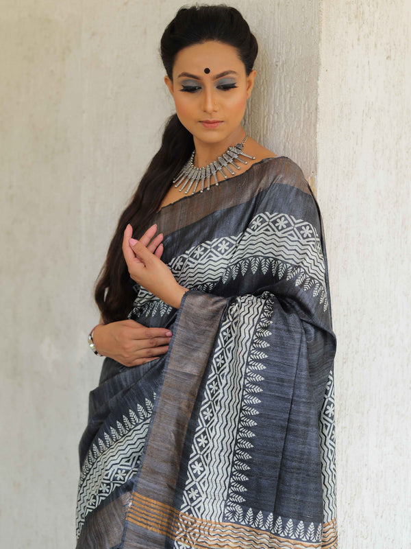 Bhagalpur Pure Handloom Tussar Silk Saree With Hand Block Print-Grey & White