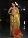 Banarasee Handwoven Tissue Saree With Zari Weaving Design & Lace-Golden Yellow