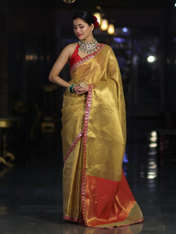 Banarasee Handwoven Tissue Saree With Zari Weaving Design & Lace-Golden Yellow
