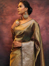 Banarasee Handwoven Shibori Tissue Zari Border Saree-Olive Green