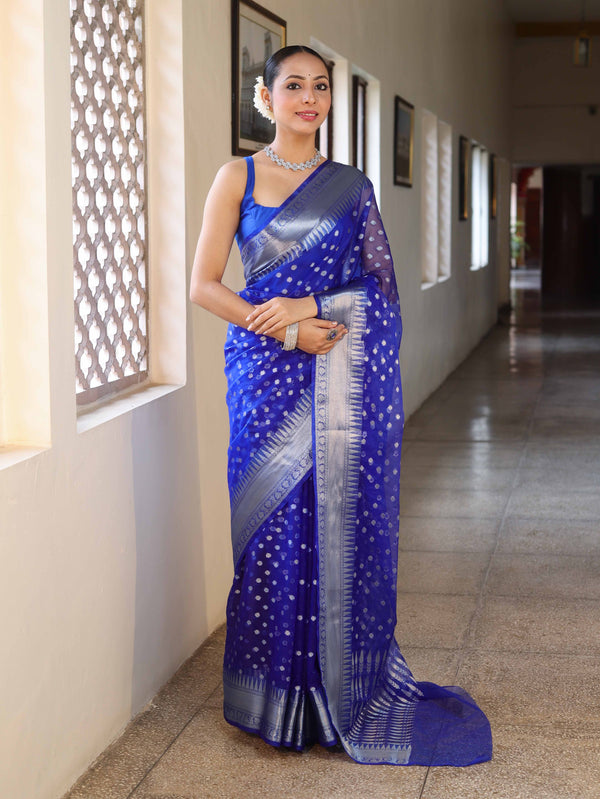 Banarasee Organza Mix Saree With Silver Zari Buti Design & Border-Royal Blue