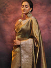 Banarasee Handwoven Shibori Tissue Zari Border Saree-Olive Green