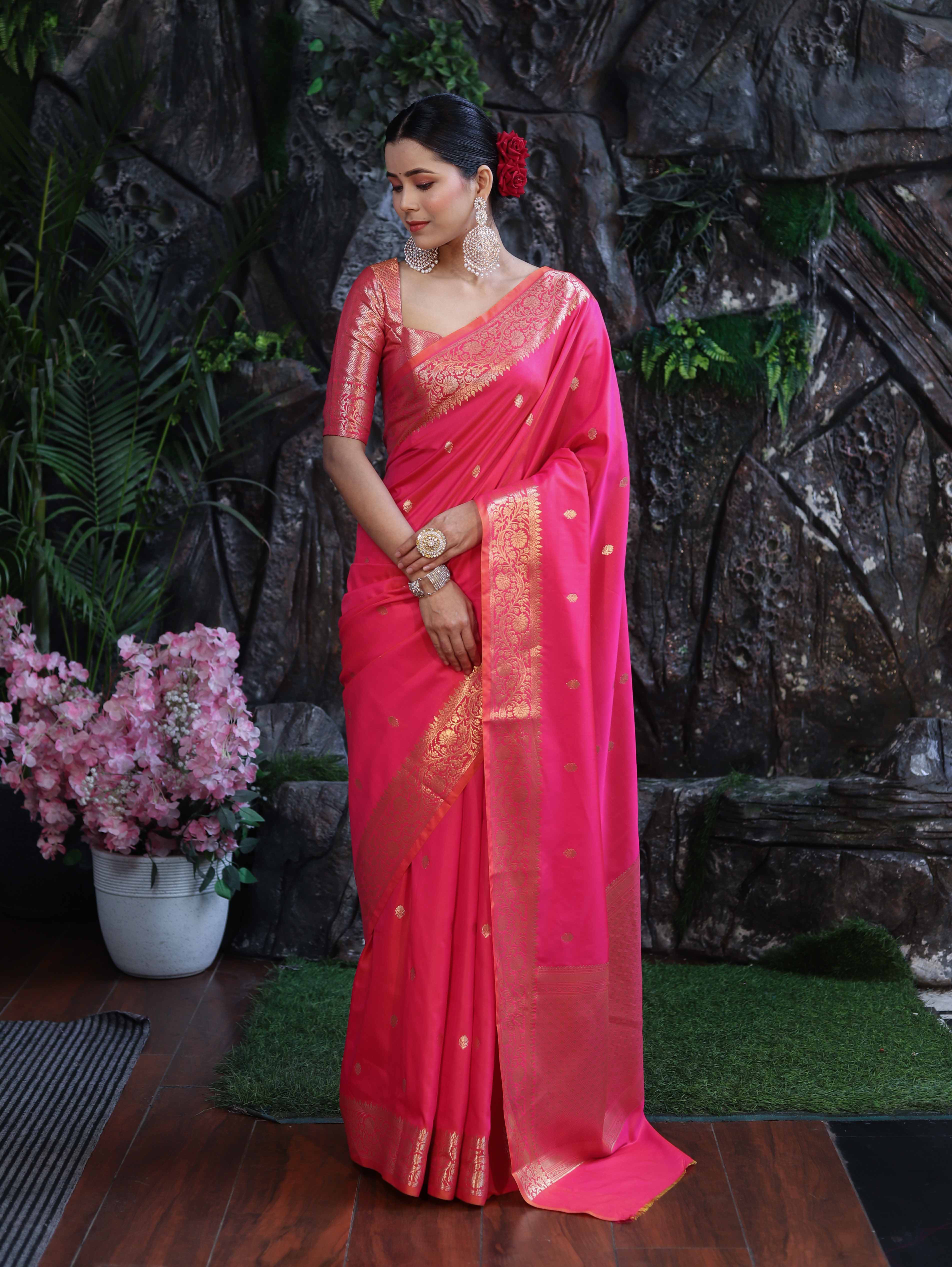 Banarasee Handloom Dual Shade Semi Silk Saree With Zari Buti Work & Border-Hot Pink