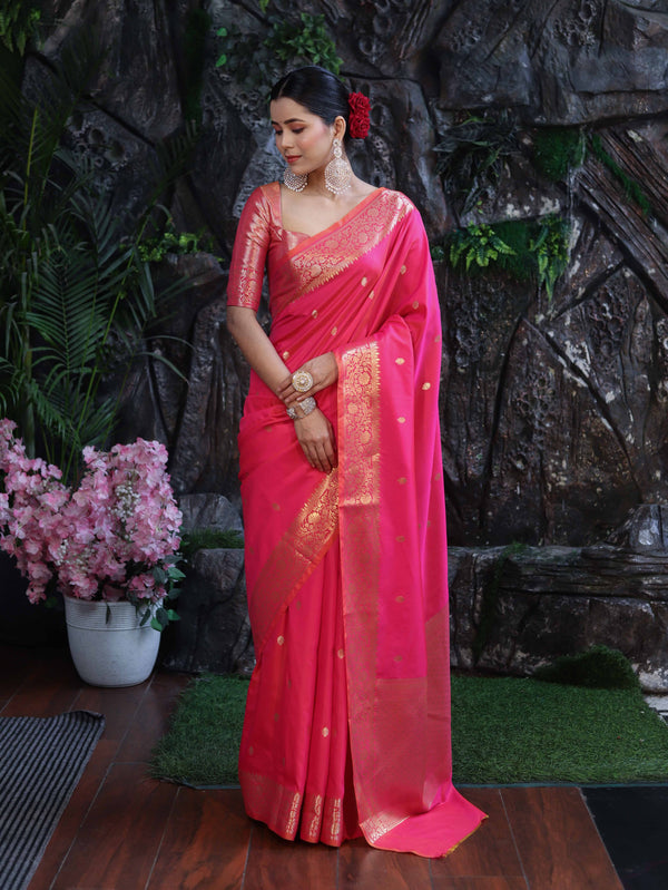 Banarasee Handloom Dual Shade Semi Silk Saree With Zari Buti Work & Border-Hot Pink