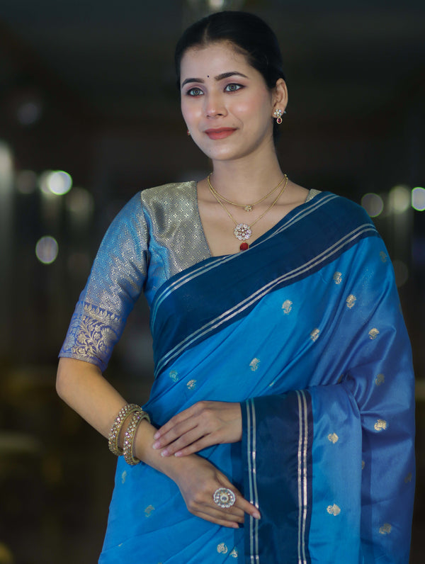 Banarasee Handloom Semi Silk Saree With Zari Design & Contrast Border-Blue