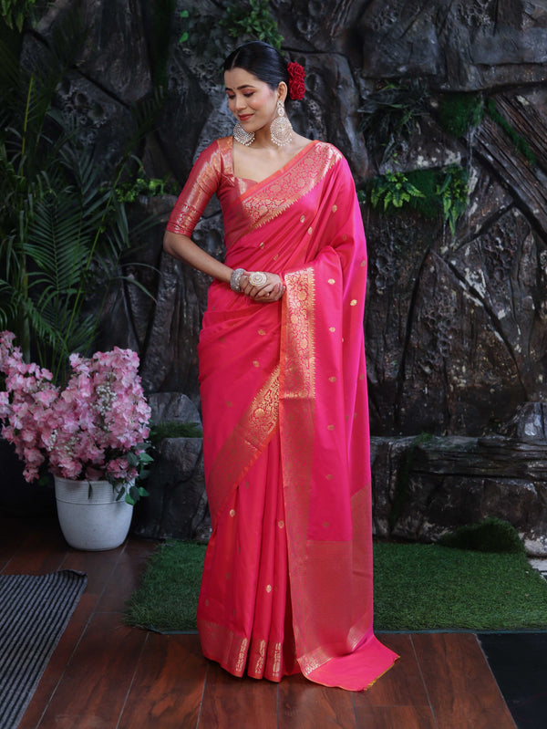 Banarasee Handloom Dual Shade Semi Silk Saree With Zari Buti Work & Border-Hot Pink