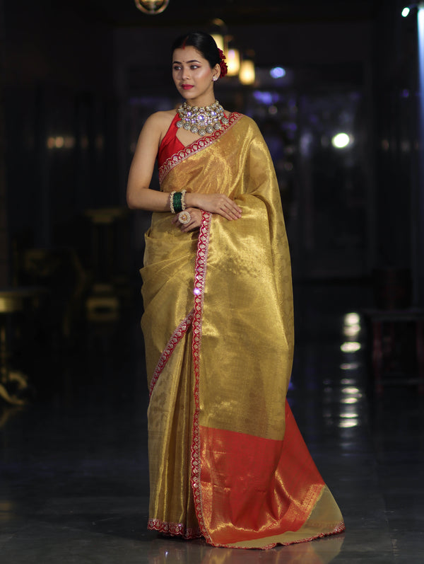 Banarasee Handwoven Tissue Saree With Zari Weaving Design & Lace-Golden Yellow